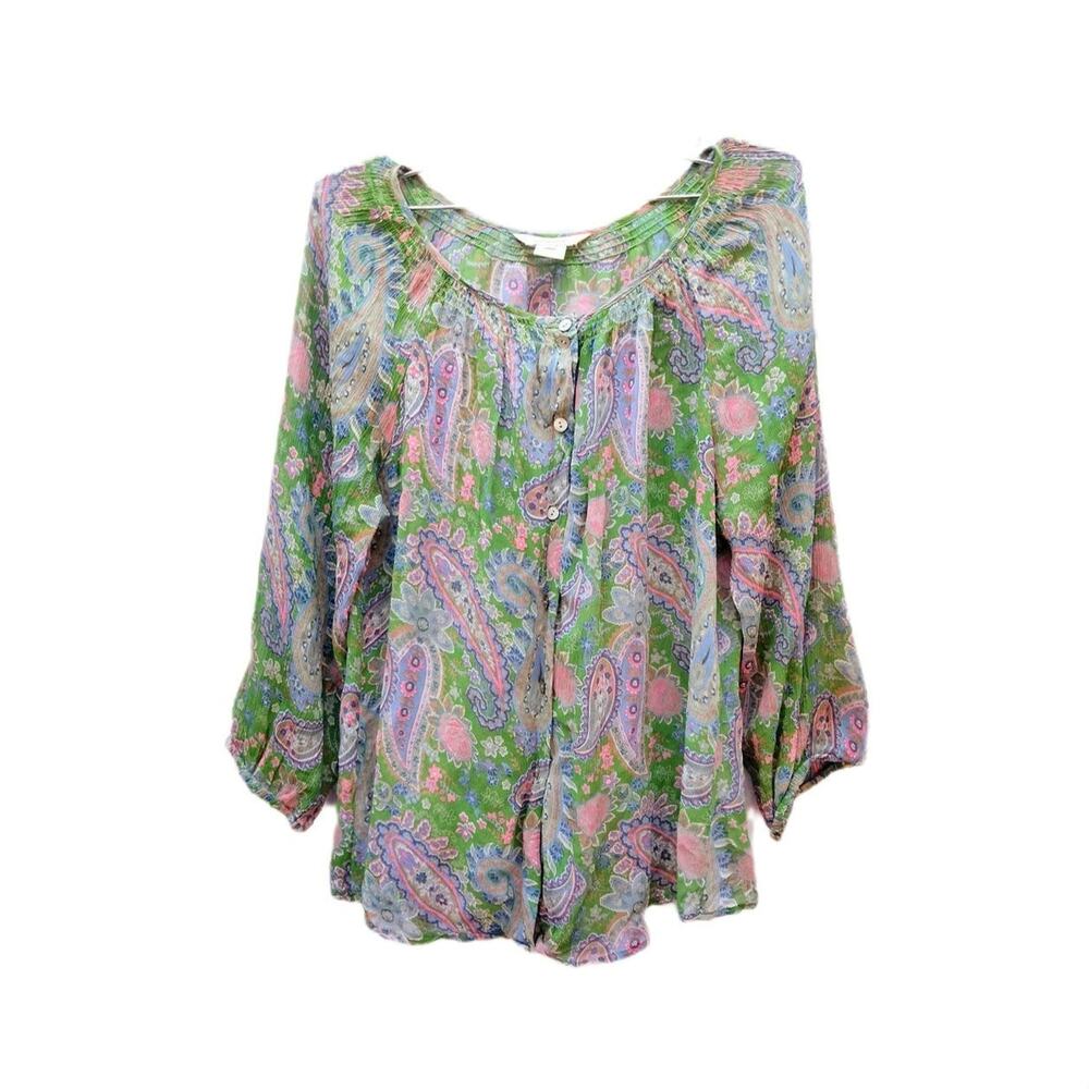 Sundance 100% Silk Paisley Blouse Size M Peasant Top Sheer Artsy Bohemian
